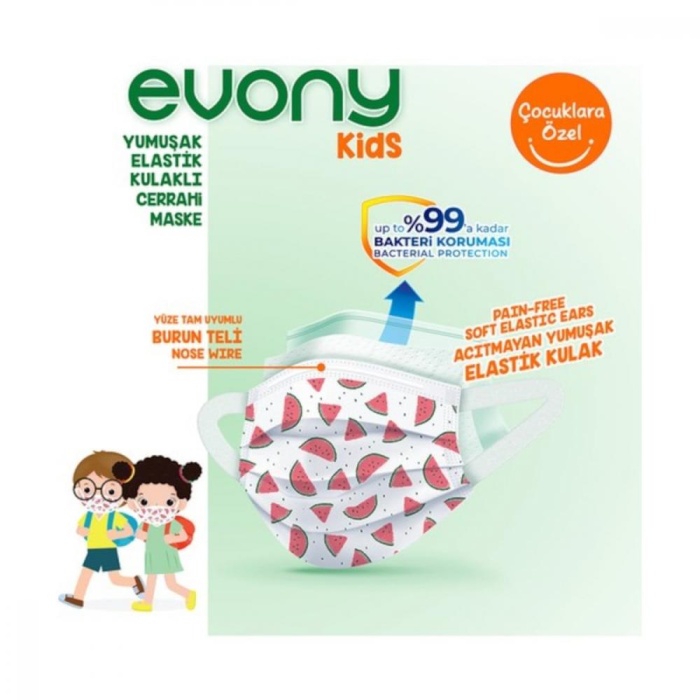 Evony Kids Cerrahi Hijyenik Telli Çocuk Maskesi Desenli 10lu