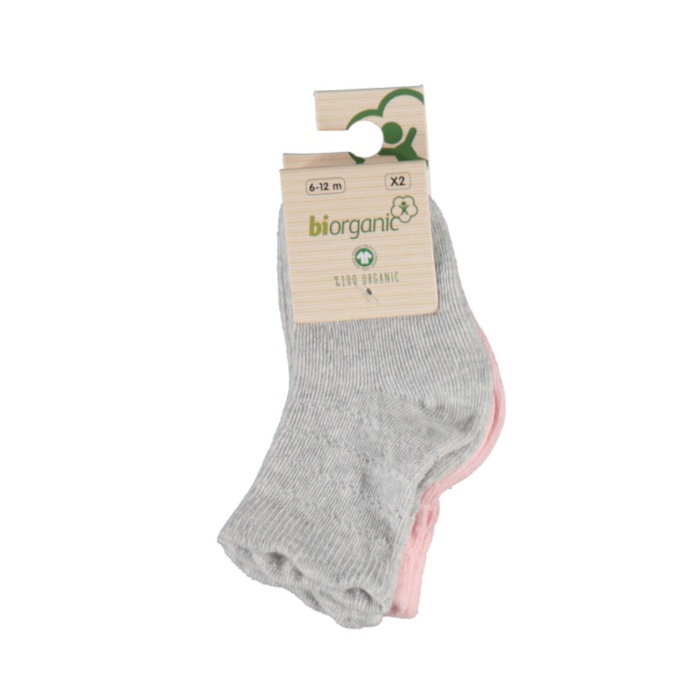 Bibaby Organik Çorap Soket 2li Basic Desenli Gri - Pembe 6-12 Ay