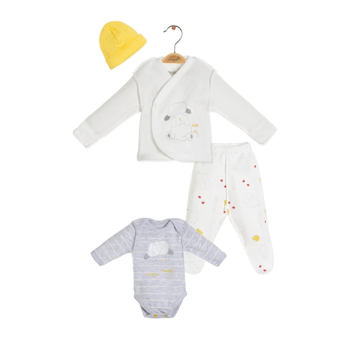 Bibaby Organik Zıbın Takımı Moons Live Sarı - Gri Melanj Prem.