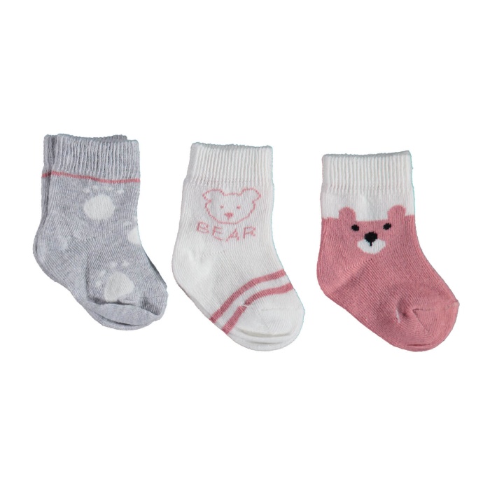 Bibaby Organik Çorap Soket 3lü Bear Gül Kurusu 0-3 Ay
