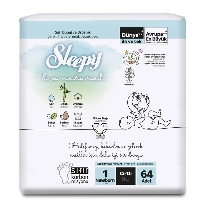 Sleepy Bebek Bezi Bio Natural 1 Numara Yenidoğan 64lü Jumbo Paket