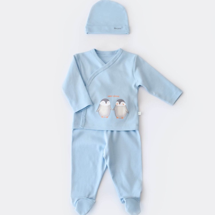 Bibaby Organik Zıbın Takımı 3lü Hello New Penguins Mavi 3-6 Ay