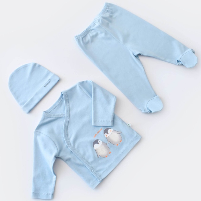 Bibaby Organik Zıbın Takımı 3lü Hello New Penguins Mavi 3-6 Ay