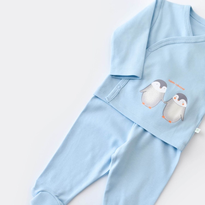 Bibaby Organik Zıbın Takımı 3lü Hello New Penguins Mavi 3-6 Ay