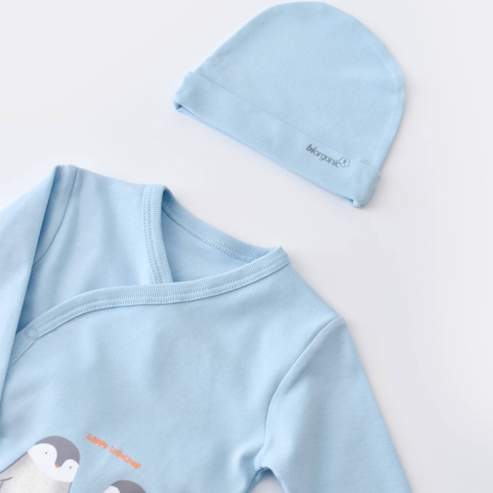 Bibaby Organik Zıbın Takımı 3lü Hello New Penguins Mavi 3-6 Ay