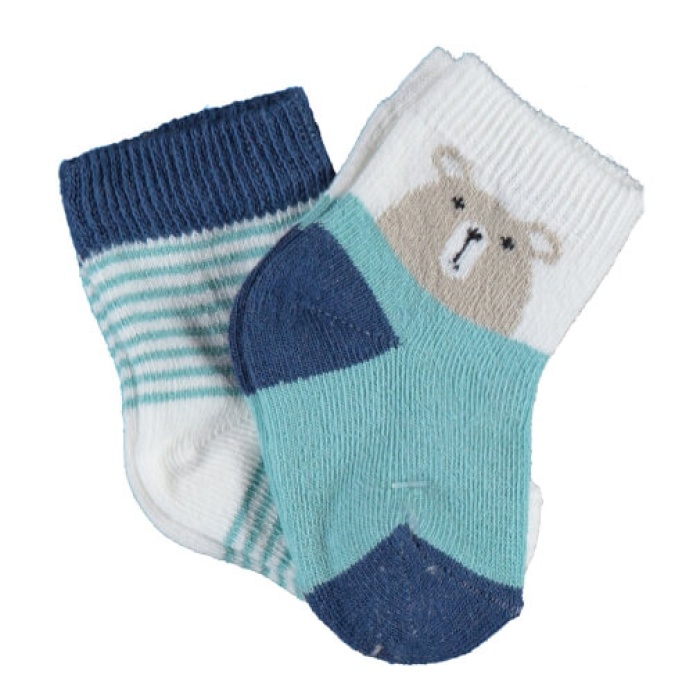 Bibaby Organik Çorap Soket 2li Hello Teddy Bear Ekru - Yeşil 0-6 Ay