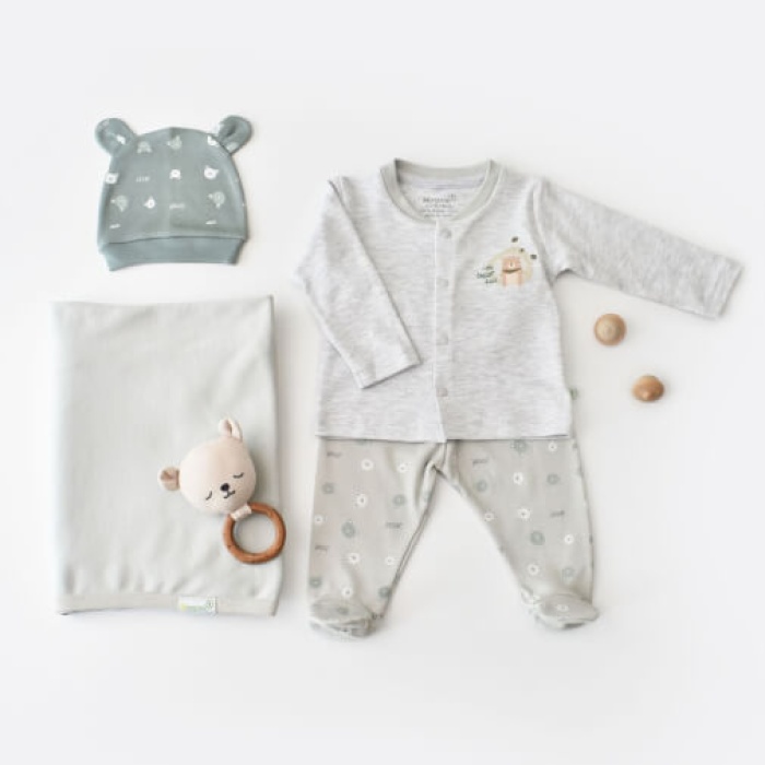 Bibaby Organik Zıbın Takımı Battaniyeli Tüllü Hug Me Bear Kar Melanj 0-3 Ay