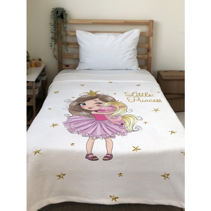 Evmila Unicornlu Prenses Kız Desenli Tek Kişilik Battaniye (150x220 cm)