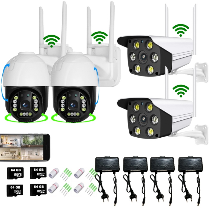 4 Kameralı Set FullHD Sesli Kayıt (Dahili Mikrofon ve Hoparlör) Waterproof + 4x64GB MicroSD