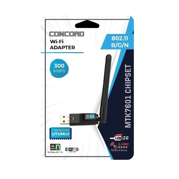 Concord USB Wifi 802.11 b/g/n W-7 300Mbps 2.4Ghz Uydu Alıcı Uyumlu MTK-7601