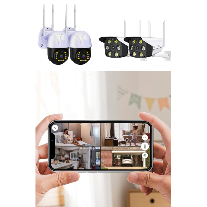 4 Wi-Fi Kameralı Akıllı Set 2Mp Gece Görüş Sesli Kayıt İç ve Dış Mekan 30 güne kadar Kayıt Süresi