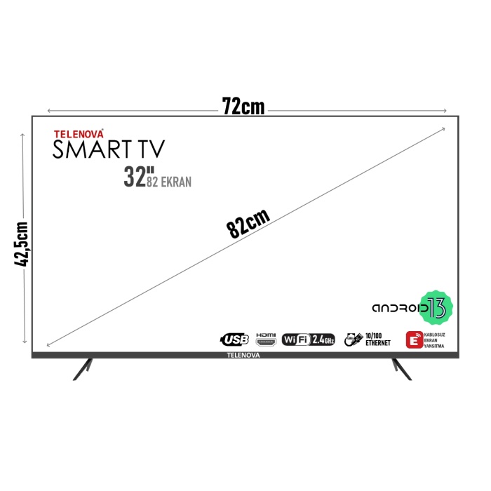 Telenova Revo32S 32 82 Ekran Uydu Alıcılı HD Android13 Smart LED TV