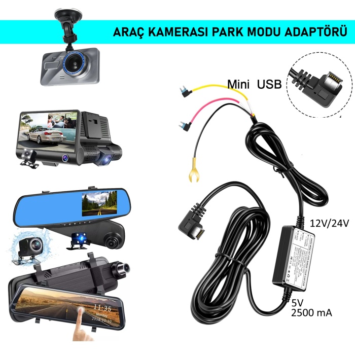 Park Modu Adaptör Araç Kamerası Sigorta Kutusundan Beslemeli Adaptör  12-24V/ 5V 2500mA MiniUSB Girişli