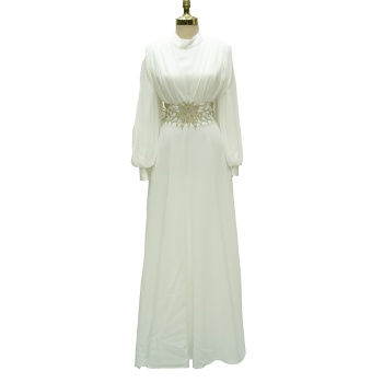 4149 MISRA KOL ŞİFON BEL TAŞLI ELBİSE EKRU