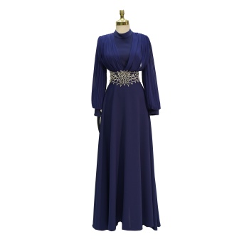 4149 MISRA KOL ŞİFON BEL TAŞLI ELBİSE MOR