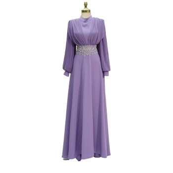 4149 MISRA KOL ŞİFON BEL TAŞLI ELBİSE LİLA