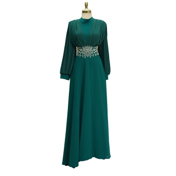 4149 MISRA KOL ŞİFON BEL TAŞLI ELBİSE ZÜMRÜT