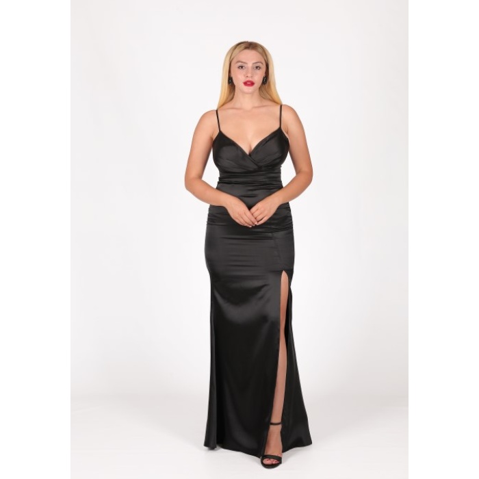BEL DRAPE DETAYLI YIRTMAÇLI SATEN ABİYE