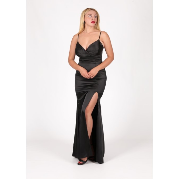 BEL DRAPE DETAYLI YIRTMAÇLI SATEN ABİYE