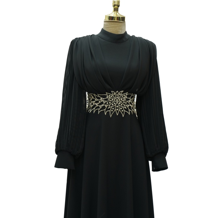 4149 MISRA KOL ŞİFON BEL TAŞLI ELBİSE SİYAH