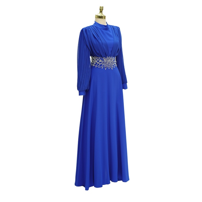 4149 MISRA KOL ŞİFON BEL TAŞLI ELBİSE SAKS