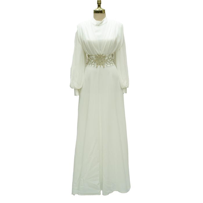 4149 MISRA KOL ŞİFON BEL TAŞLI ELBİSE EKRU