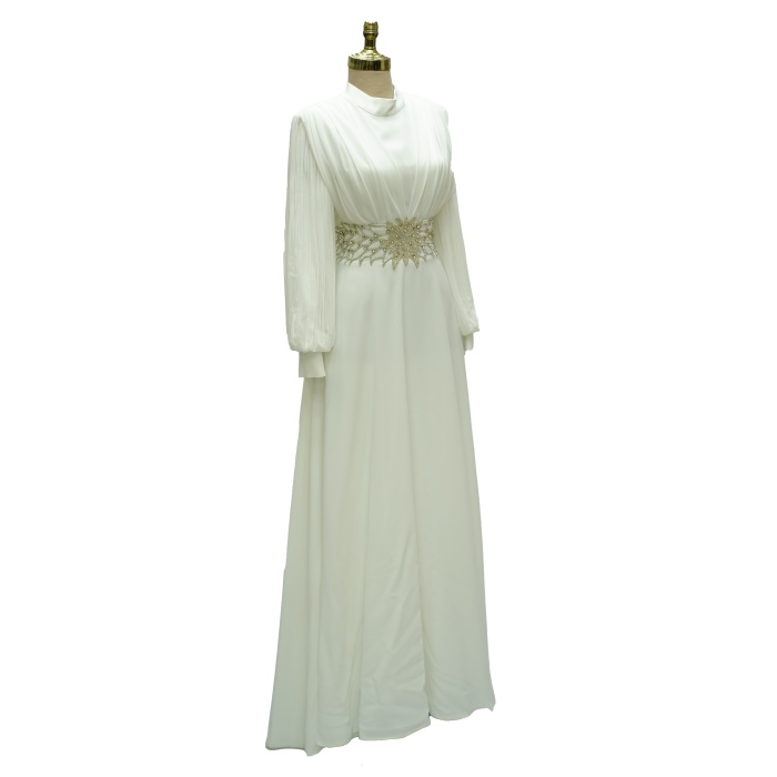 4149 MISRA KOL ŞİFON BEL TAŞLI ELBİSE EKRU