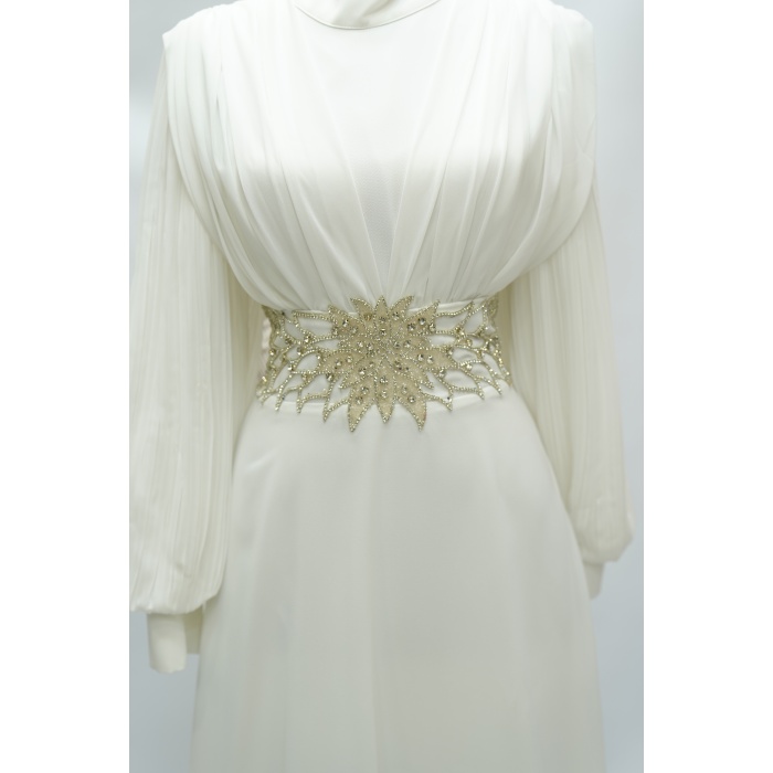 4149 MISRA KOL ŞİFON BEL TAŞLI ELBİSE EKRU