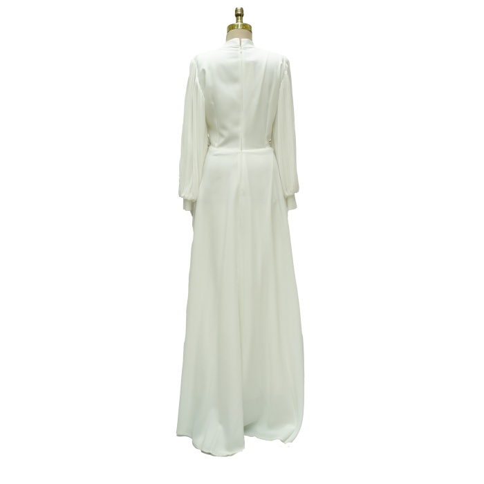 4149 MISRA KOL ŞİFON BEL TAŞLI ELBİSE EKRU