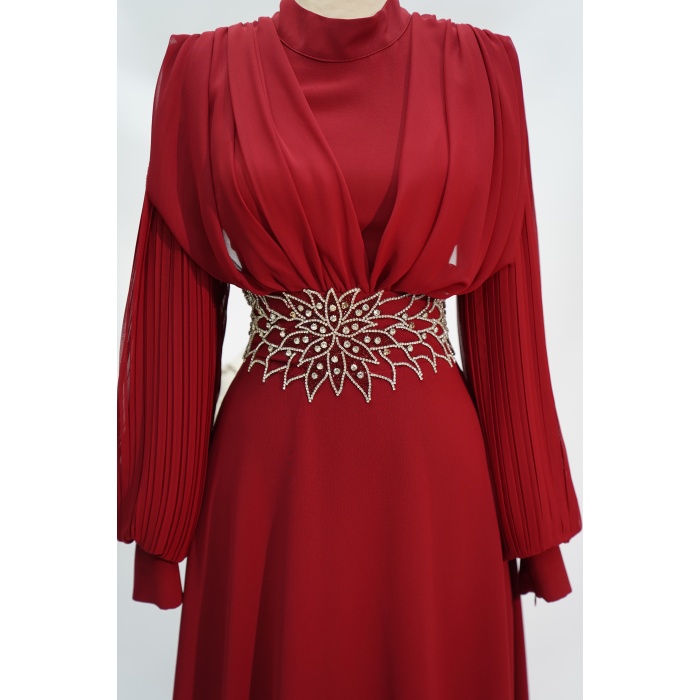 4149 MISRA KOL ŞİFON BEL TAŞLI ELBİSE BORDO