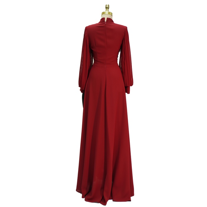 4149 MISRA KOL ŞİFON BEL TAŞLI ELBİSE BORDO