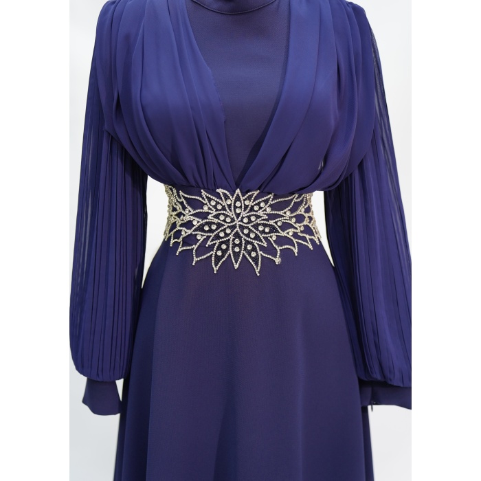 4149 MISRA KOL ŞİFON BEL TAŞLI ELBİSE MOR