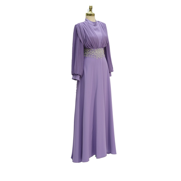 4149 MISRA KOL ŞİFON BEL TAŞLI ELBİSE LİLA