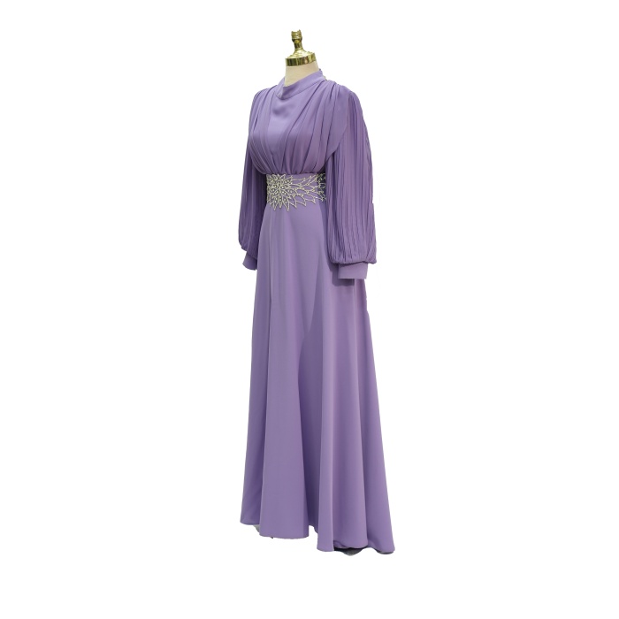 4149 MISRA KOL ŞİFON BEL TAŞLI ELBİSE LİLA