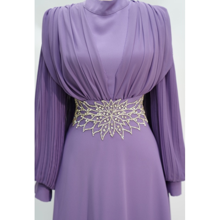 4149 MISRA KOL ŞİFON BEL TAŞLI ELBİSE LİLA