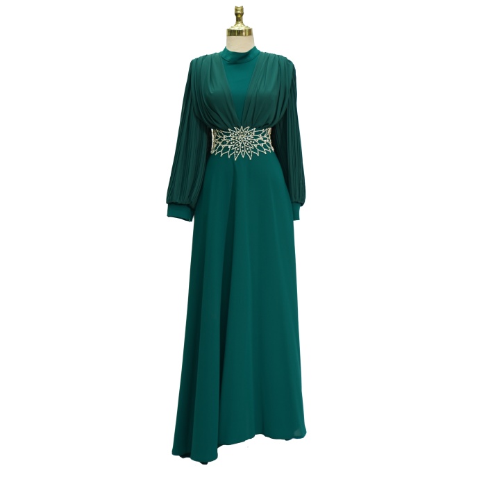 4149 MISRA KOL ŞİFON BEL TAŞLI ELBİSE ZÜMRÜT