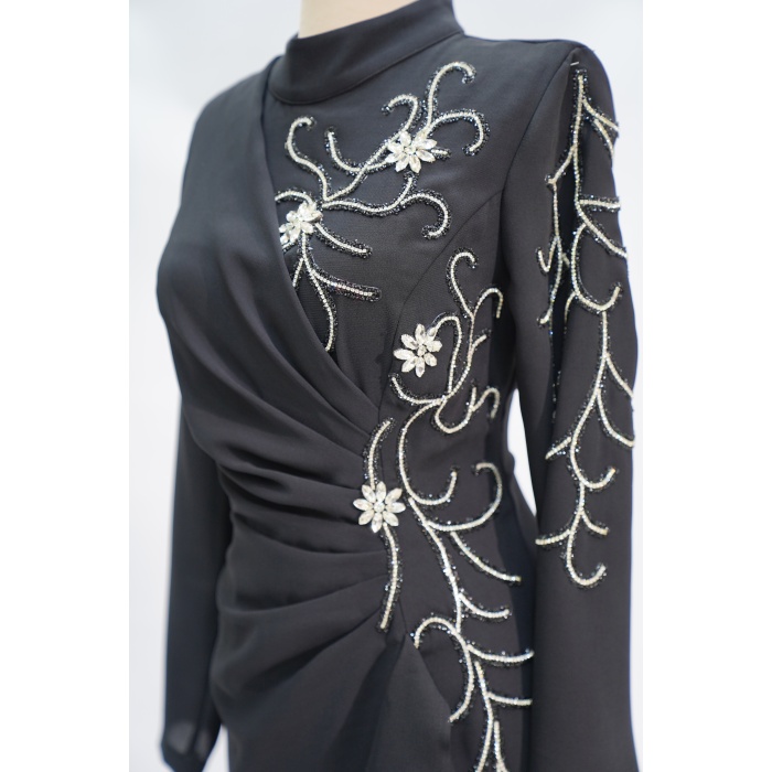 8122 MISRA FIRFIRLI TAŞ İŞLEME ELBİSE SİYAH