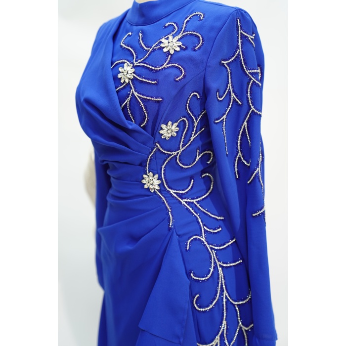 8122 MISRA FIRFIRLI TAŞ İŞLEME ELBİSE SAKS