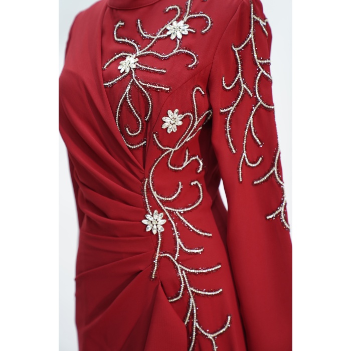 8122 MISRA FIRFIRLI TAŞ İŞLEME ELBİSE BORDO
