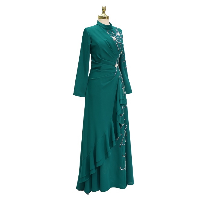 8122 MISRA FIRFIRLI TAŞ İŞLEME ELBİSE ZÜMRÜT