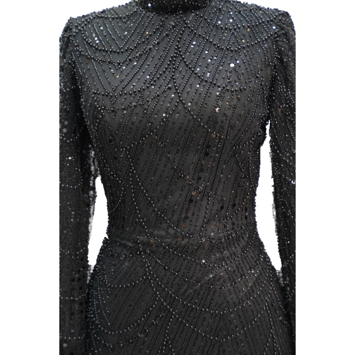 9010 SİBEL AYDIN PELERİNLİ TAŞLI ABİYE SİYAH