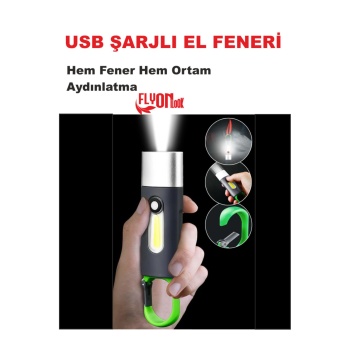 USB ŞARJLI EL FENERİ HEM FENER HEM ORTAM AYDINLATMA KANCALI FLAŞÖR KAMP , CEP , KAMP ÇANTASI ,LAMBA