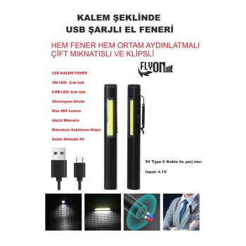 Kalem Şeklinde Şarj Edilebilir EL Feneri Güçlü Mıknatıslı Hem Ortam Aydınlatma Hem Fener Kamp Lamba