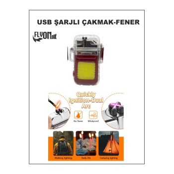Usb Şarjli Fener- Elektronik Çakmak Fonksiyonlu Kamp  Taşima Askili Çakmaklik Seyehat Kilitli