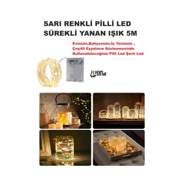 SARI IŞIKLI SÜREKLİ YANAN  PİLLİ LED IŞIK 5M EV, BAHÇE, OFİS , ÇEŞİTLİ EŞYA SÜSLEME LED ŞERİT IŞIK