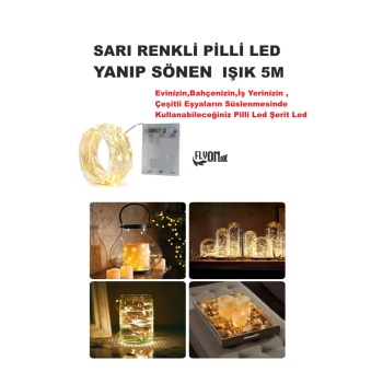 SARI IŞIKLI YANIP SÖNEN PİLLİ LED IŞIK 5M EV, BAHÇE, OFİS , ÇEŞİTLİ EŞYA SÜSLEME LED ŞERİT IŞIK