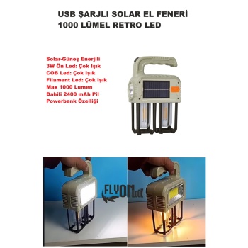 Solar Güneş Enerjili  Şajlı El Feneri,Fonksiyonlu Filament,COB ve 3W Ön Led Powerbank Özelikli Lamba