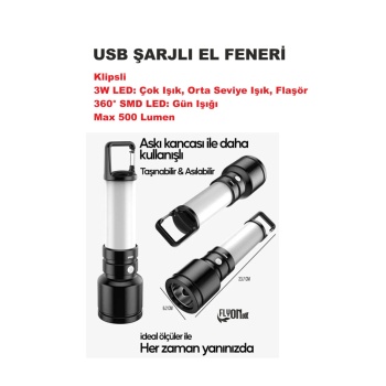 Şarjlı El Feneri Hem Aydınlatma Hem Fener 3W LED Çok Işık, Orta Seviye Işık, Flaşör  360° SMD Lamba