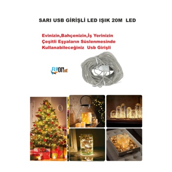 USB GİRİŞLİ SARI IŞIKLI  LED IŞIK 20 METRE EV, BAHÇE, OFİS , ÇEŞİTLİ EŞYA SÜSLEME ŞERİT LED