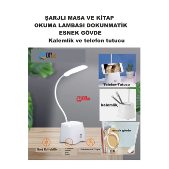 Şarj Edilebilir Dokunmatik Masa Lambası  Kitap Okuma Işığı Led Kalemlik Telefon Tutucu Kademe Ayarlı